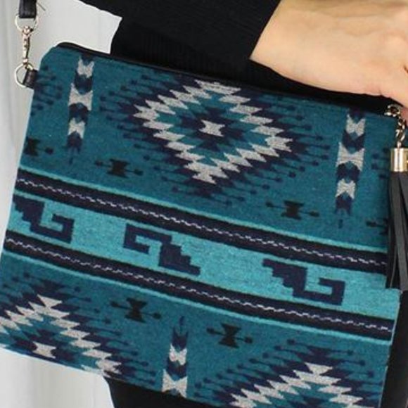 Teal Aztec Design Fabric Wristlet Crossbody Bag - Picture 3 of 4